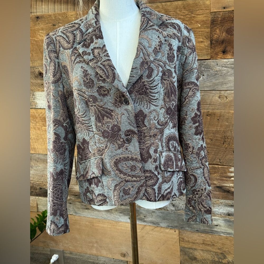 Roth Le Cover California Jacquard Paisley Blazer Brown/Grey Silk-Lined Sz 16